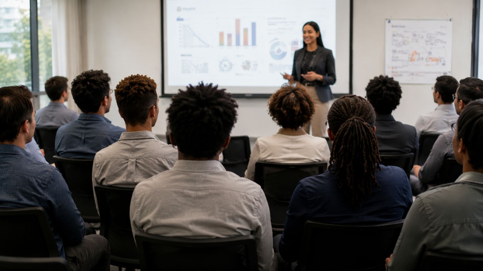 A presenter leading a training session for a room of researchers
